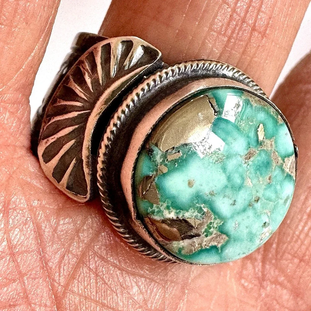 Navajo Turquoise Mens Ring Fox‎ w Pyrite 12 Signed Tillie Jon Sterling Wide Band